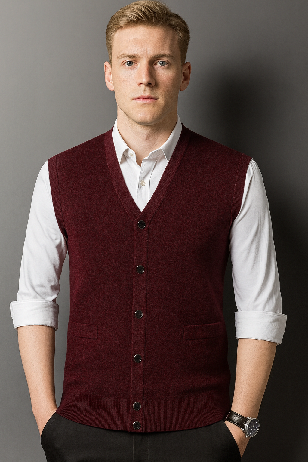 Pure Merino Wool Cardigan Vest With Pockets