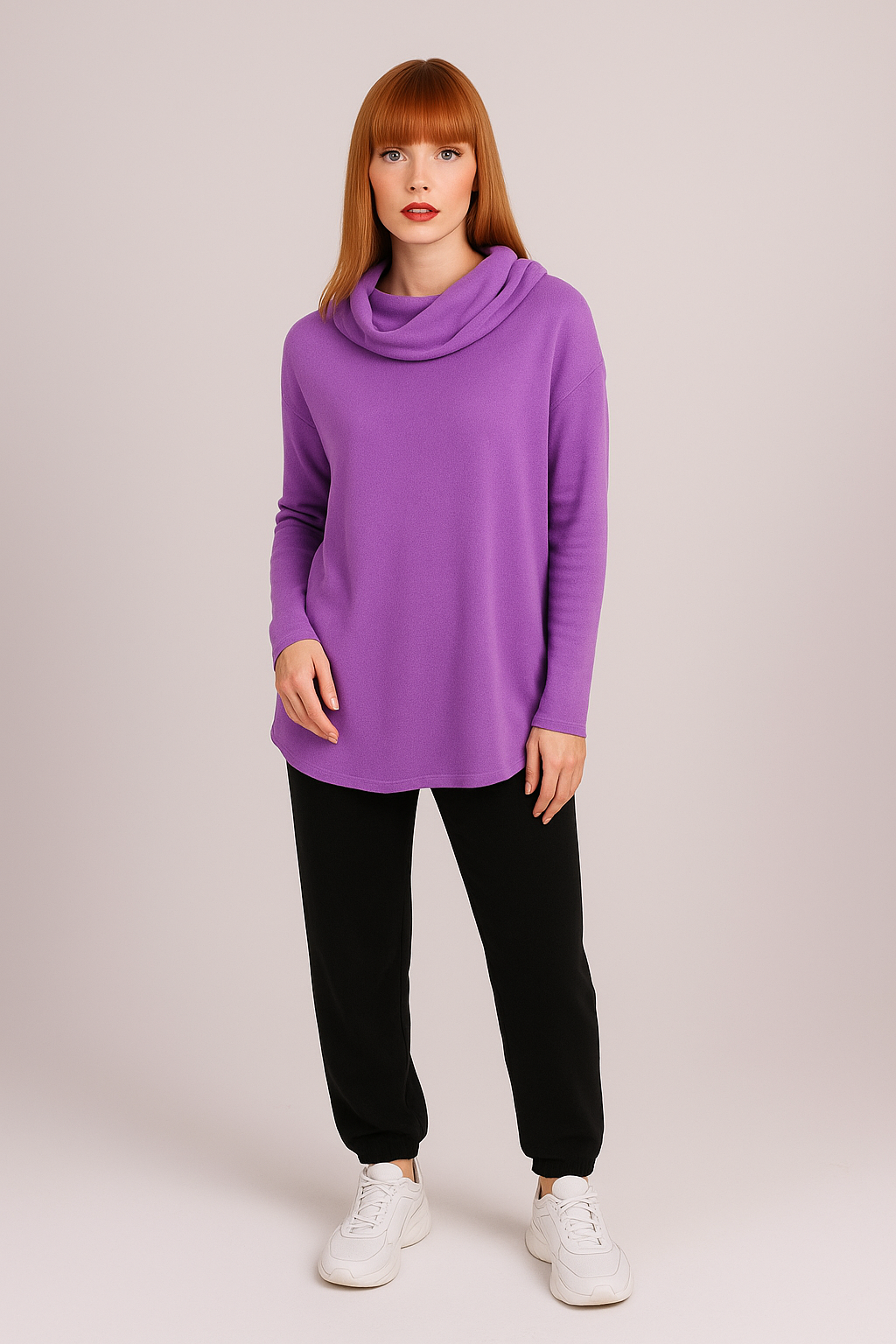 ESSENTIAL CURVED HEM COWL NECK PULLOVER