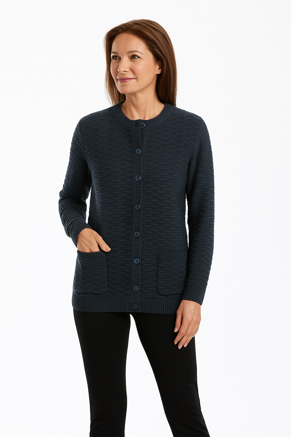 ABSTRACT PATTERN BUTTON TO NECK CARDIGAN