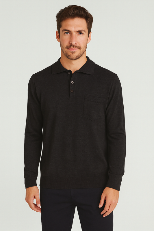 ANSETT Merino Wool Pullover with 3-Button Polo Collar and Front Pocket