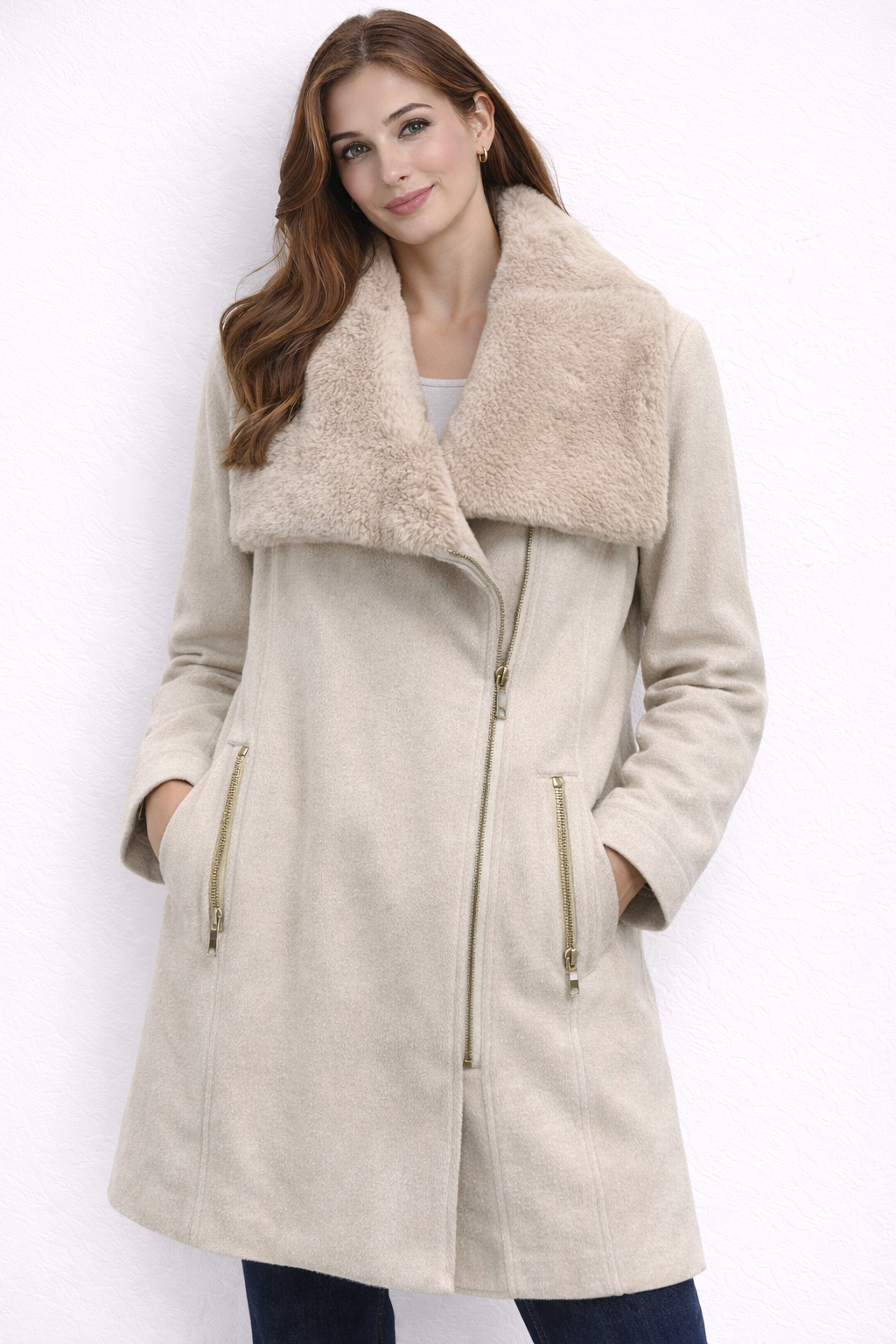 SABENA MULTI FABRIC FURRY COLLAR COAT