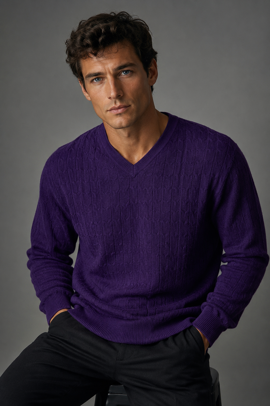 Cable V neck Pullover, knitwear at Knit-On Australia
