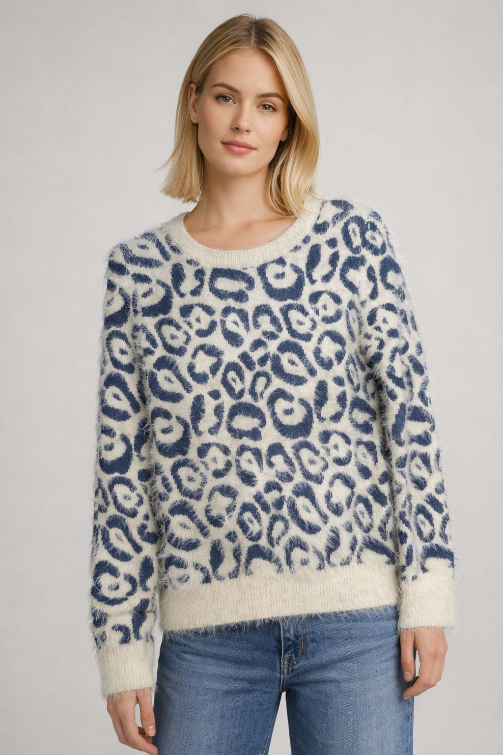 Fluffy Crew Neck Animal Print Pullover