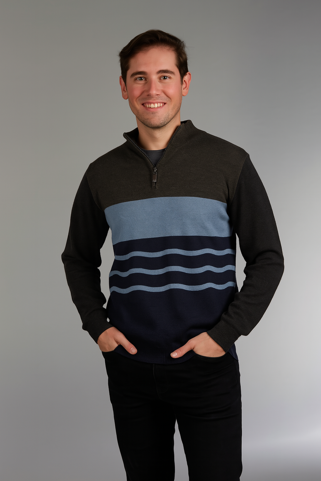 MERINO CASHMERE CONTRAST RIBBED 1/4 ZIP PULLOVER BRIDGE & LORD