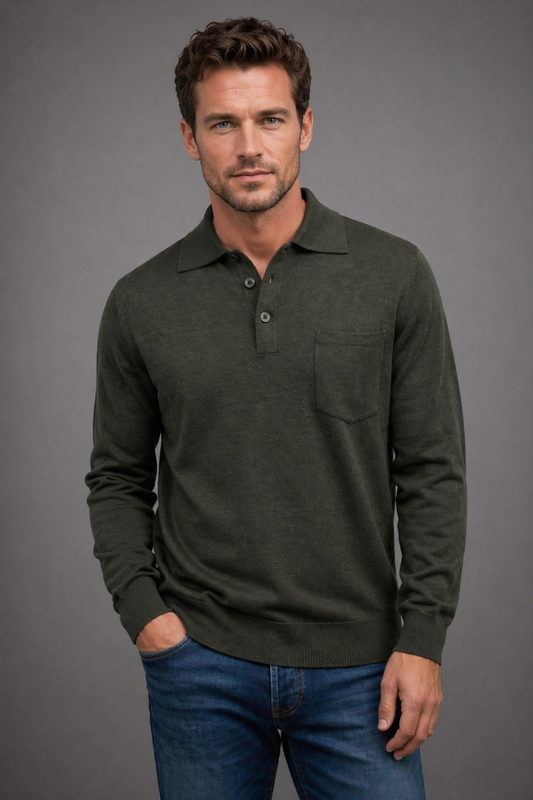 ANSETT Merino Wool Pullover with 3-Button Polo Collar and Front Pocket