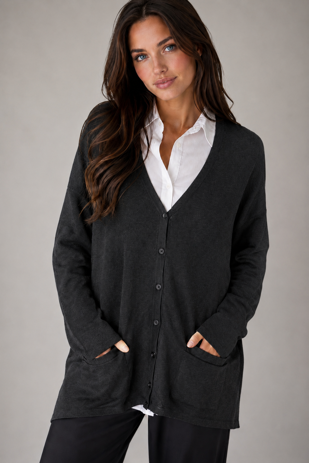 LADIES LONG SLEEVE V-NECK CARDIGAN WITH POCKETS