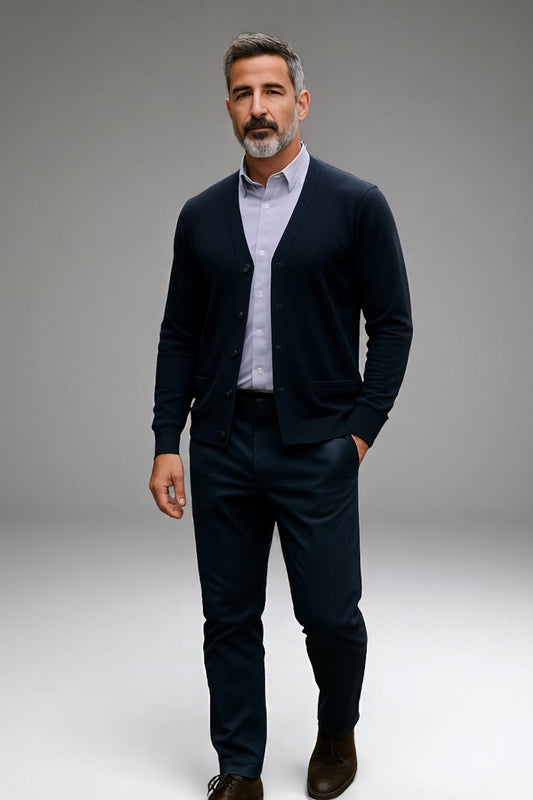 MTF MEN DEEP VEE LONG SLEEVE CARDIGAN EXTRA FINE MERINO