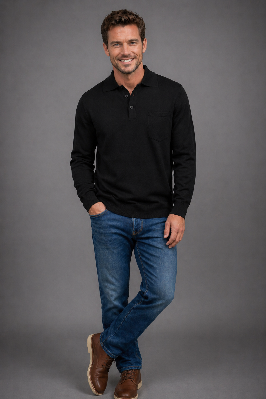 ANSETT 100% Merino Wool Pullover with 3-Button Polo Collar and Front Pocket