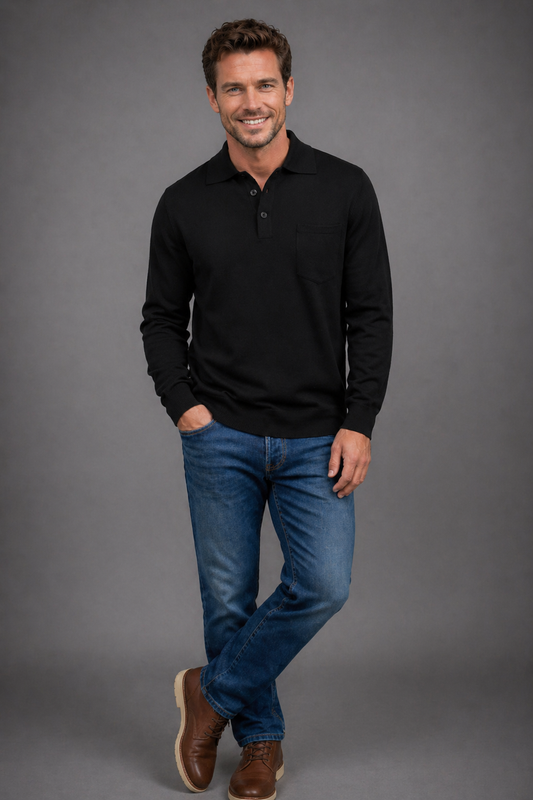 ANSETT 100% Merino Wool Pullover with 3-Button Polo Collar and Front Pocket