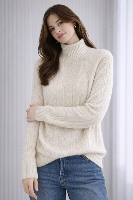 Pure Merino Wool Cabled Mock Neck