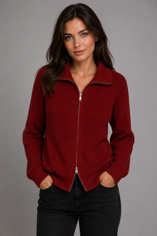 100% CASHMERE TWO WAY FULL ZIP COLLAR SWEATER