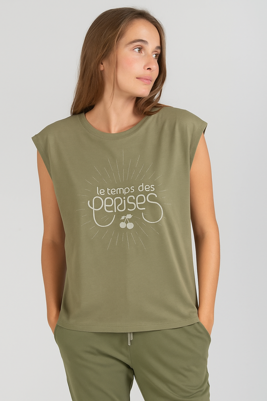 PURE COTTON Le Temps des Cerises Khaki Crew neck top