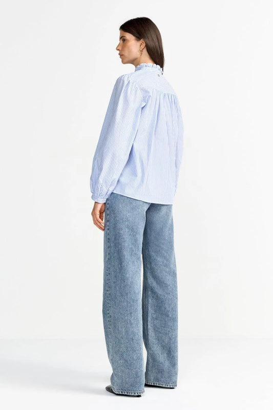 RICH & ROYAL RUFFLED NECK BLUE AND WHITE STRIPED BLOUSE