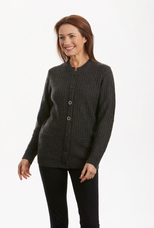 ABSTRACT PATTERN BUTTON TO NECK CARDIGAN