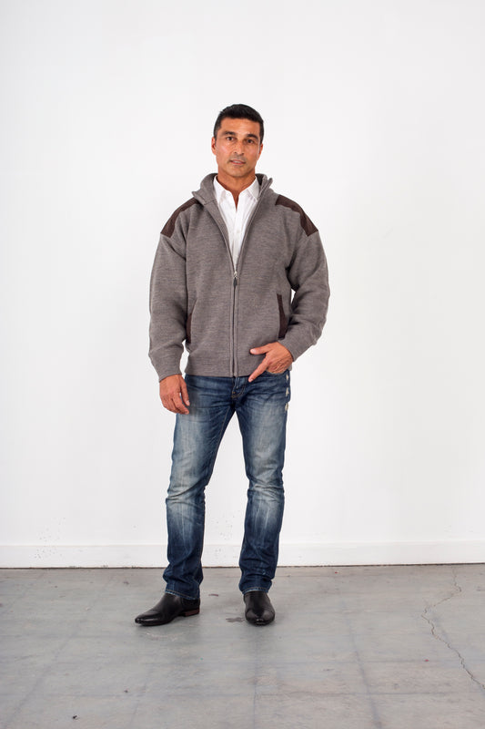ANSETT Pure Wool Full Zip Jacket With Suede Patches & Pockets