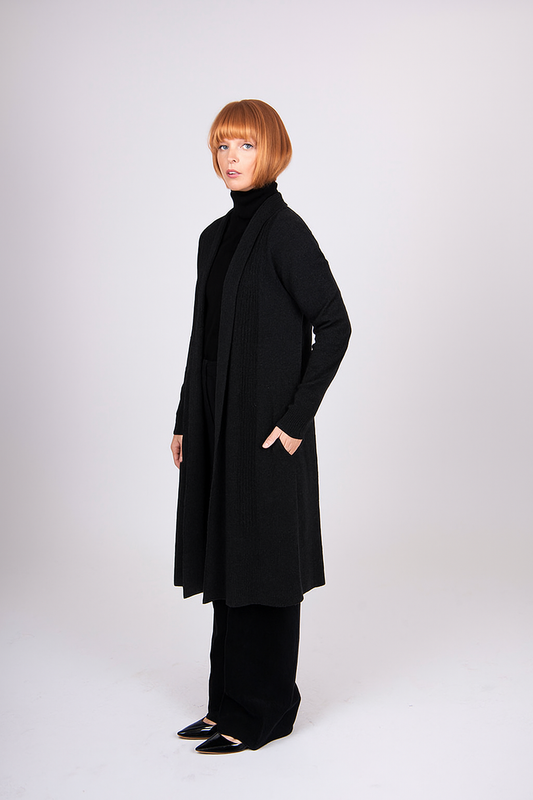 Long line cable rib trim cardigan worn open, coat length