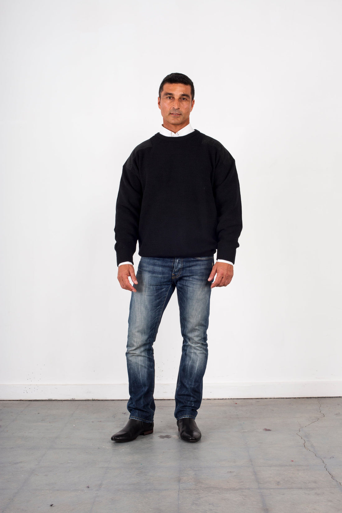 Ansett pure wool crewneck jumper with suede patches in navy