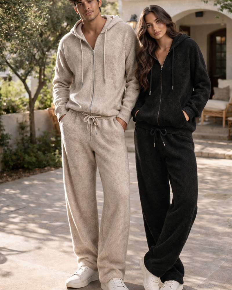 Two people wearing Knit-On Australia knitwear