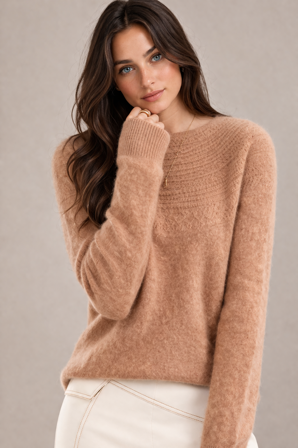100% MERINO WOOL HALF RIBBED SWEATER CREW NECK