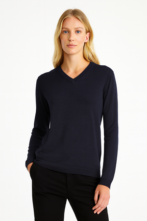 PURE MERINO WOOL FINE KNIT VEE PULLOVER