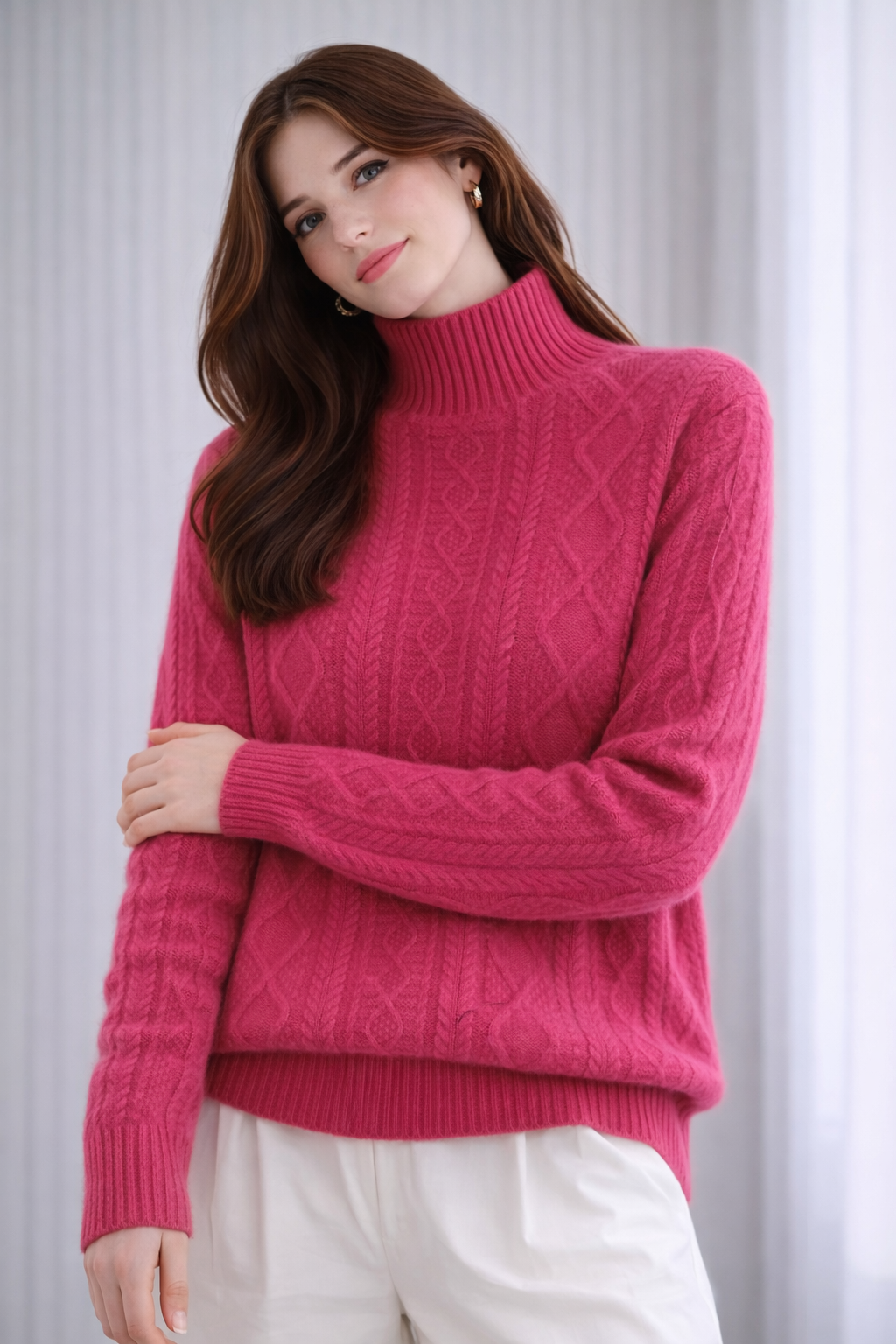Pure Merino Wool Cabled Mock Neck