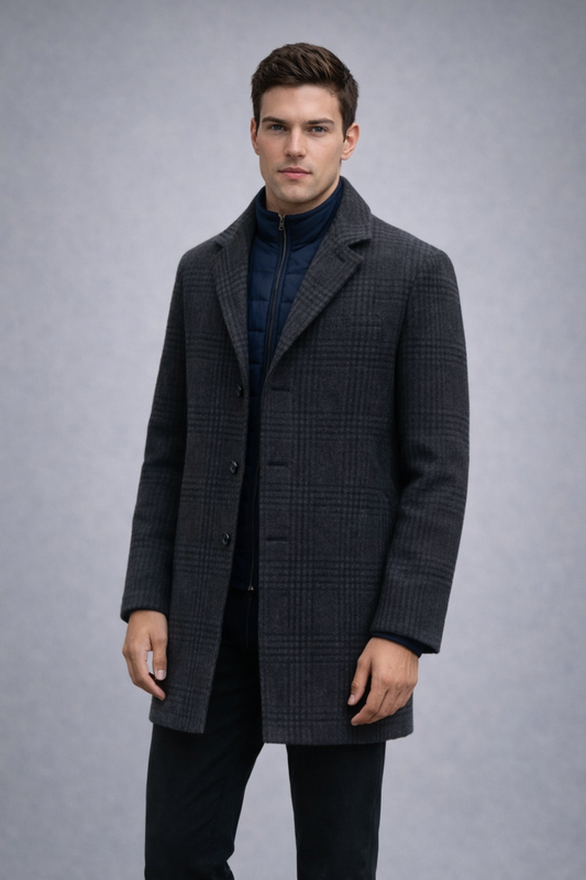 BLOIS OVERCOAT NAVY GREY CHECKED PATTERN HECHTER PARIS
