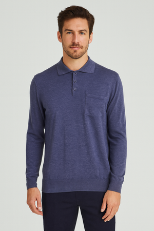 ANSETT Merino Wool Pullover with 3-Button Polo Collar and Front Pocket