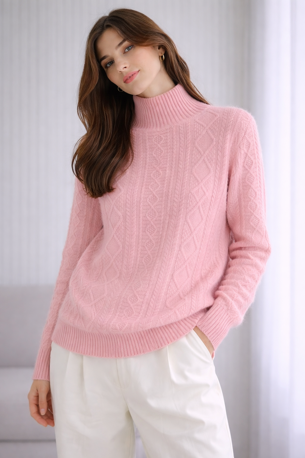 Pure Merino Wool Cabled Mock Neck