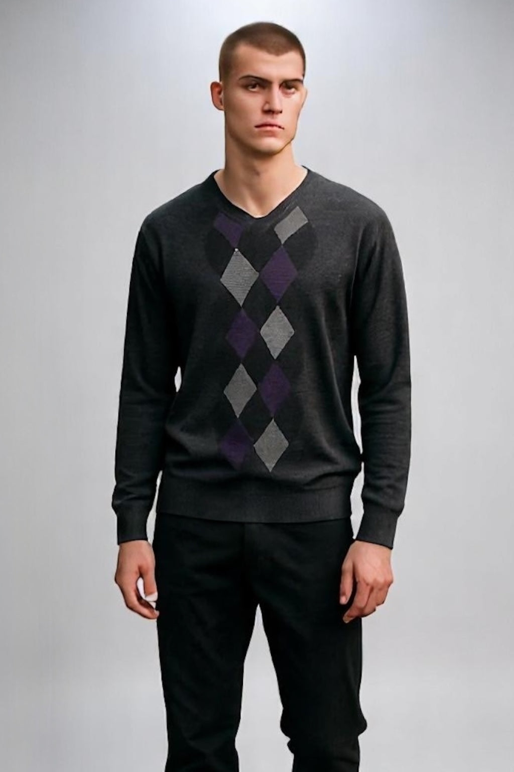 Argyle Pure Merino Wool V neck Jumper Fields Knitwear