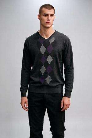 Argyle Pure Merino Wool V neck Jumper Fields Knitwear