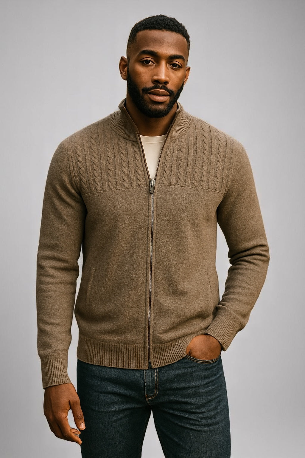 ANSETT GOLD FULL ZIP HALF CABLED WITH LINED POCKETS