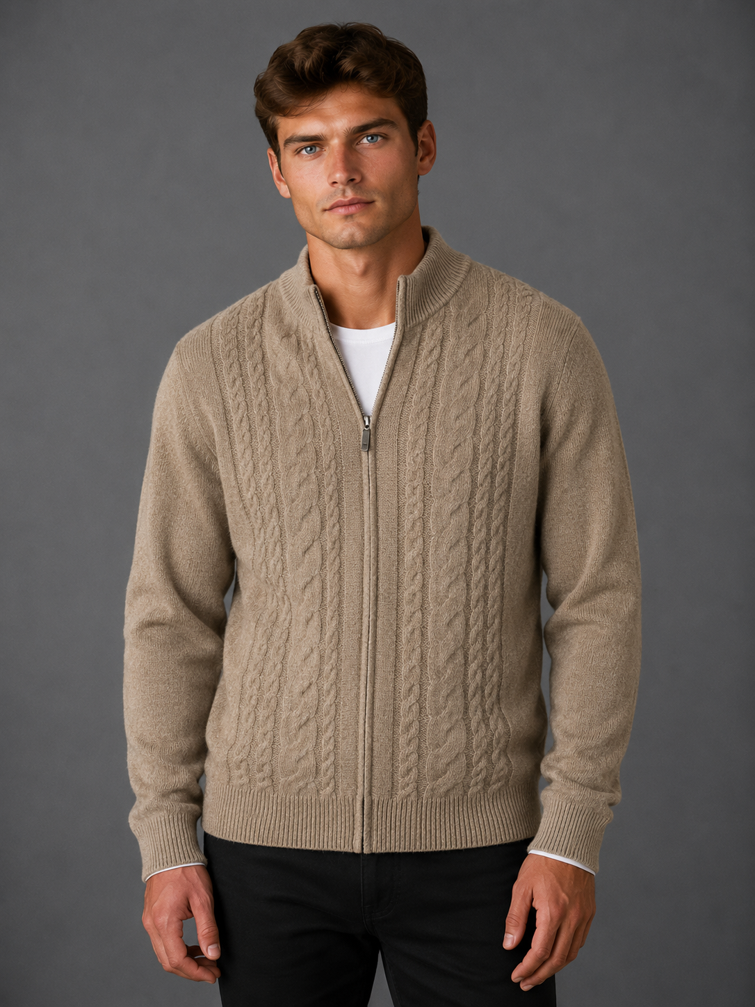 100% CASHMERE FULL ZIP CABLE CARDIGAN
