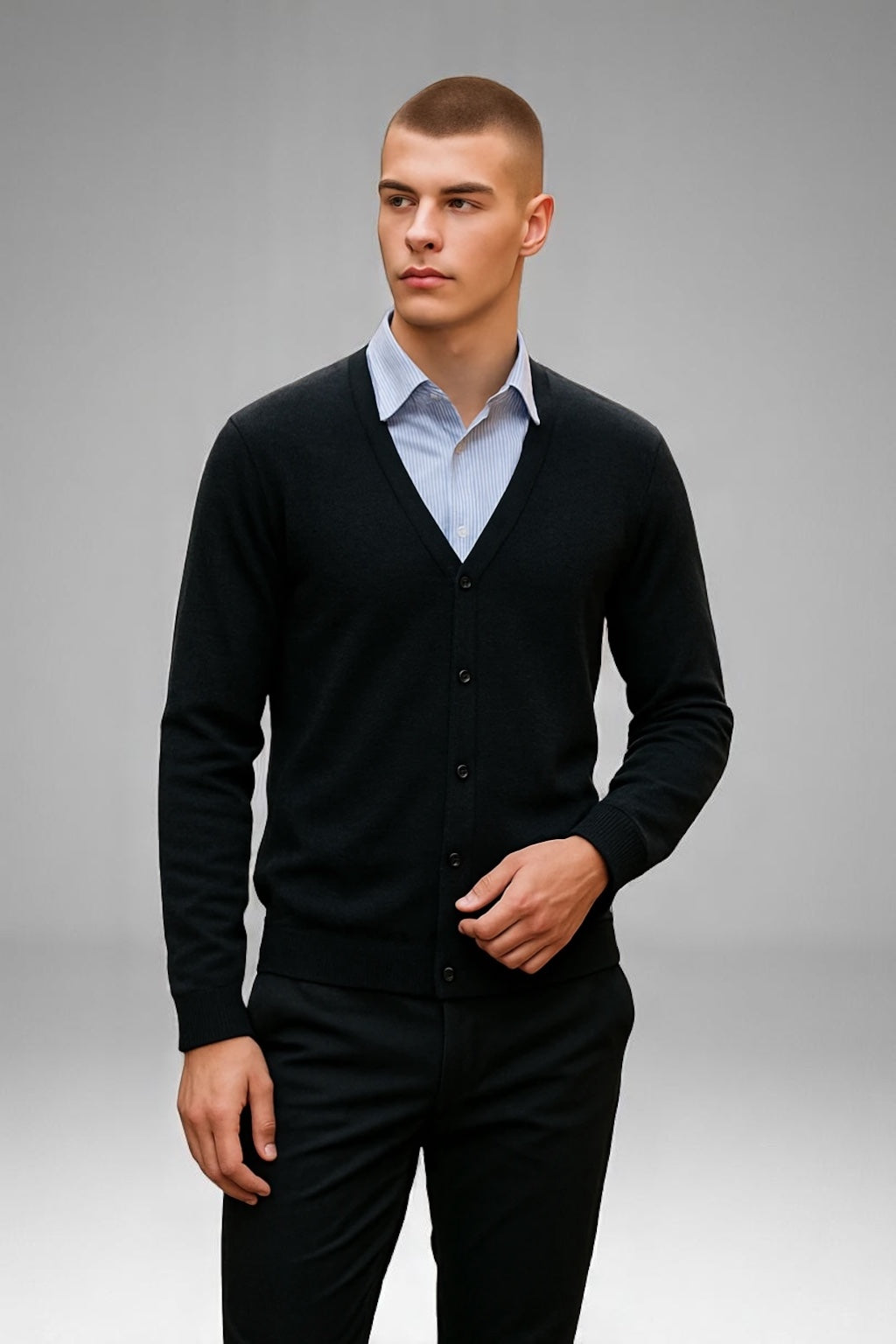 MTF MEN DEEP VEE LONG SLEEVE CARDIGAN EXTRA FINE MERINO