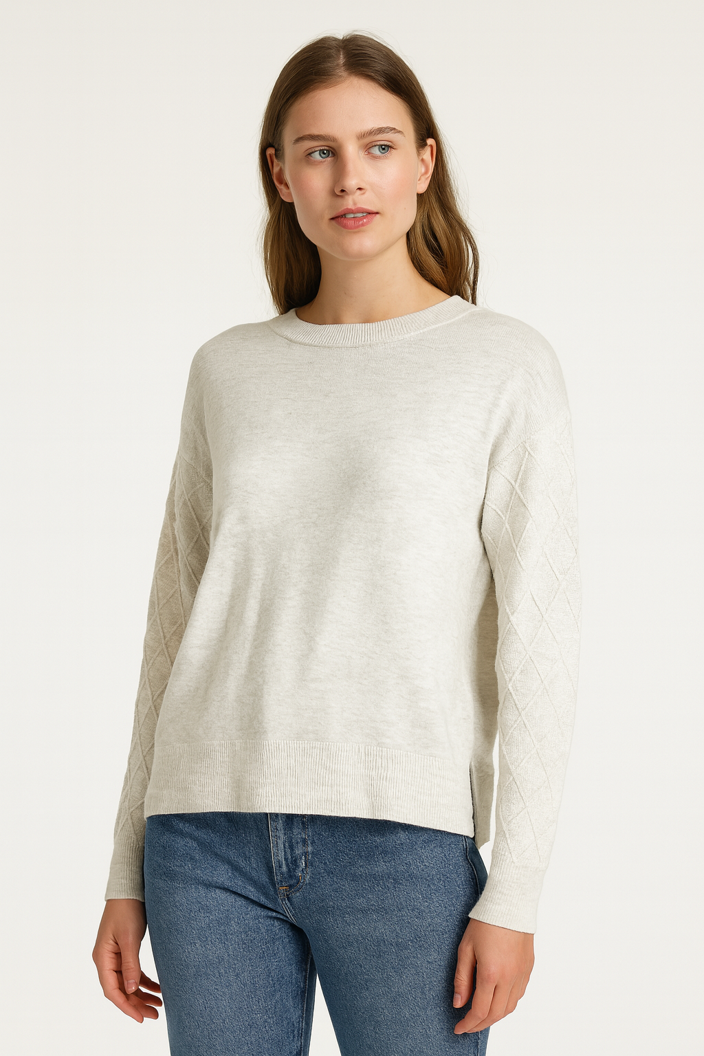 CREW NECK PULLOVER CABLE SLEEVES