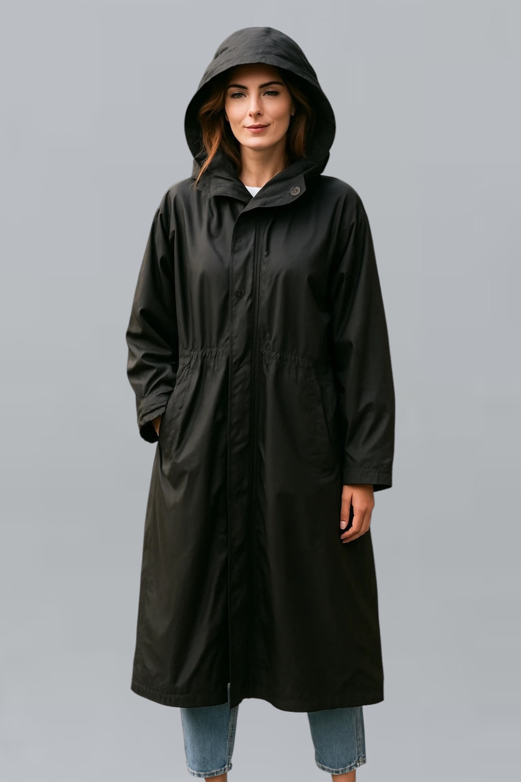 Long Rain coat with hood and pockets