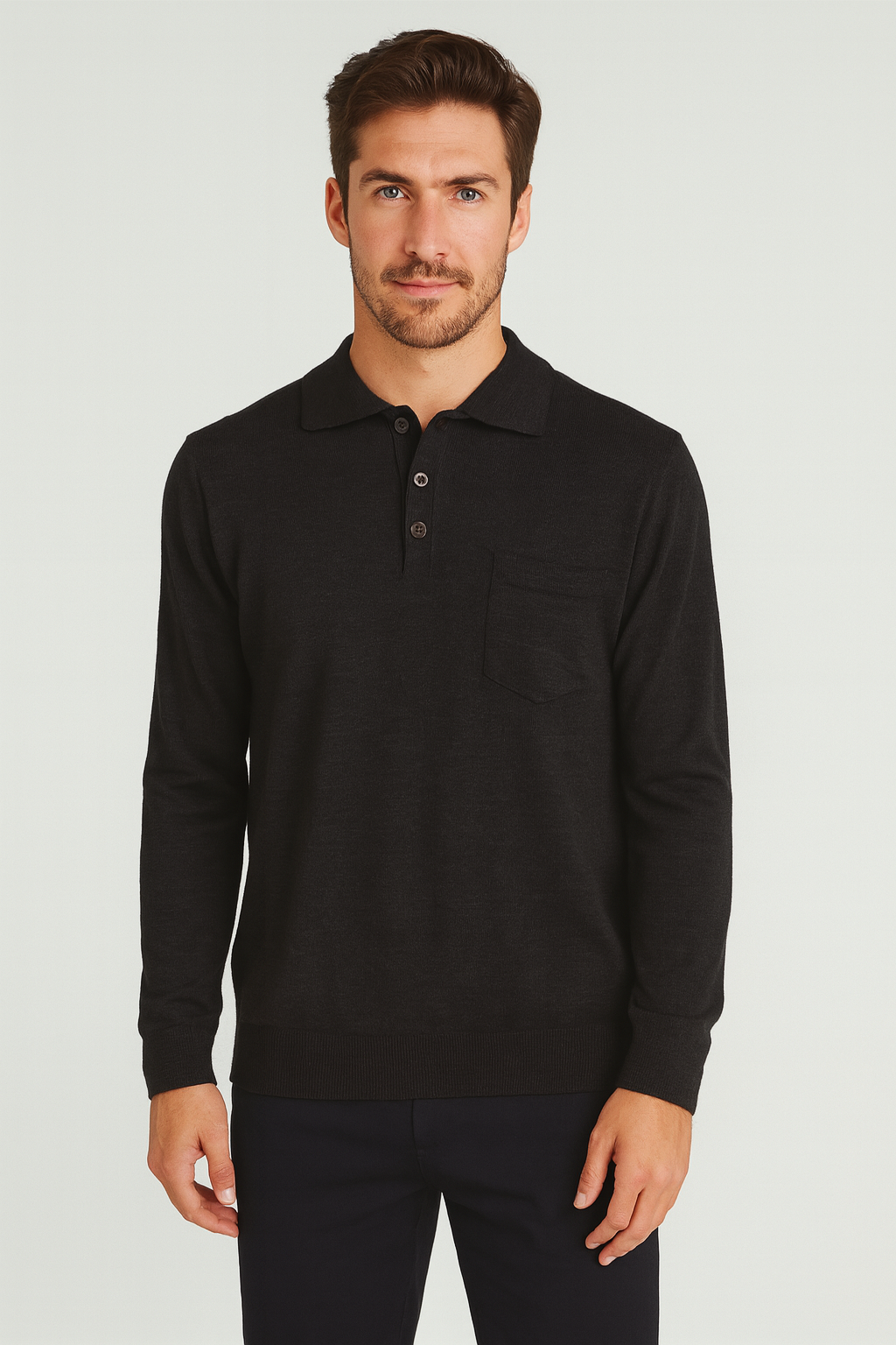 ANSETT Merino Wool Pullover with 3-Button Polo Collar and Front Pocket