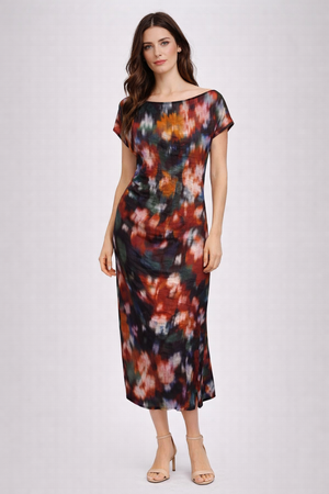 BELLA DAHL Boat Neck Cap Sleeve Midi Dress - Blurred Floral Print