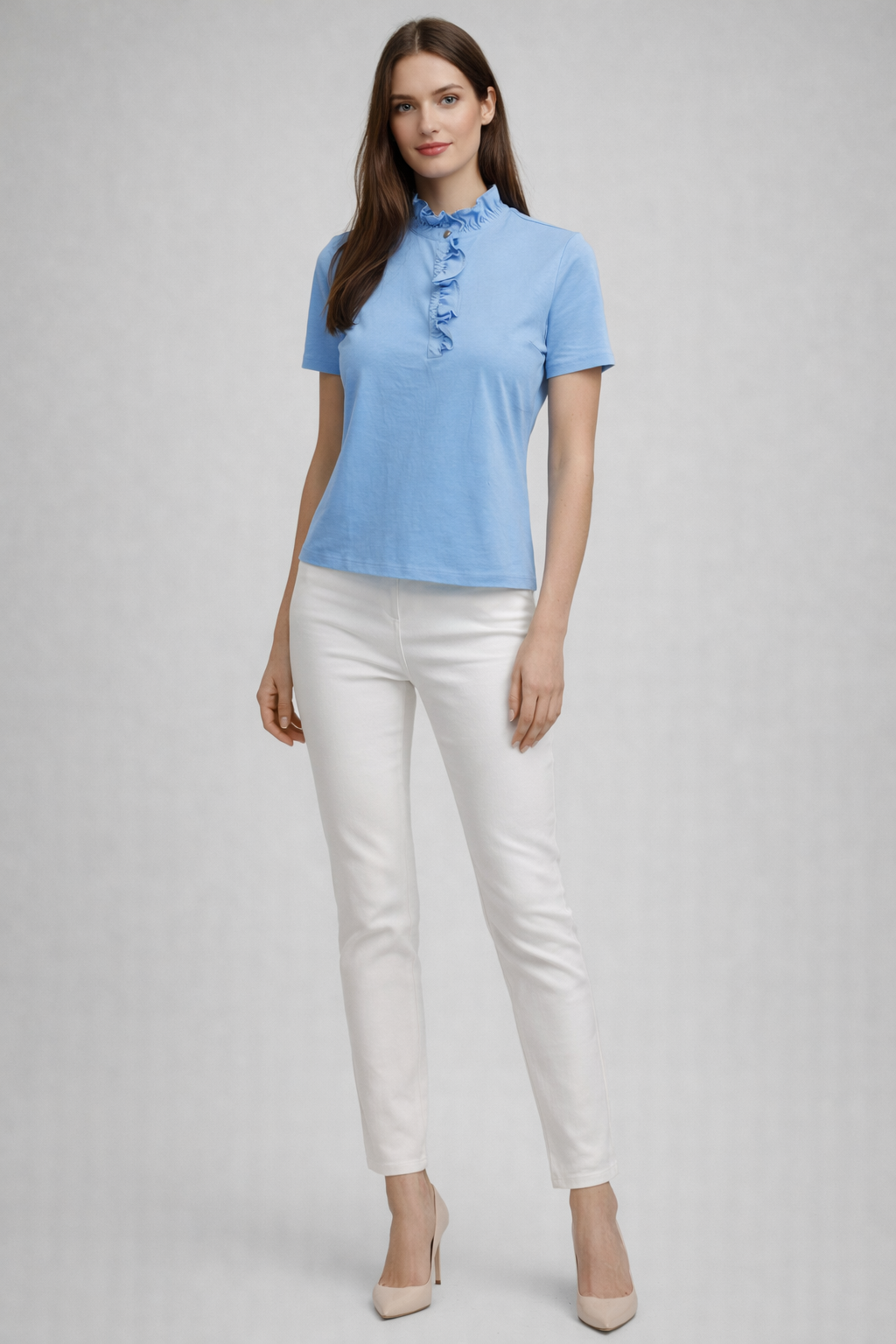 RICH & ROYAL COLLAR T-SHIRT WITH BUTTONS AND RUFFLED COLLAR