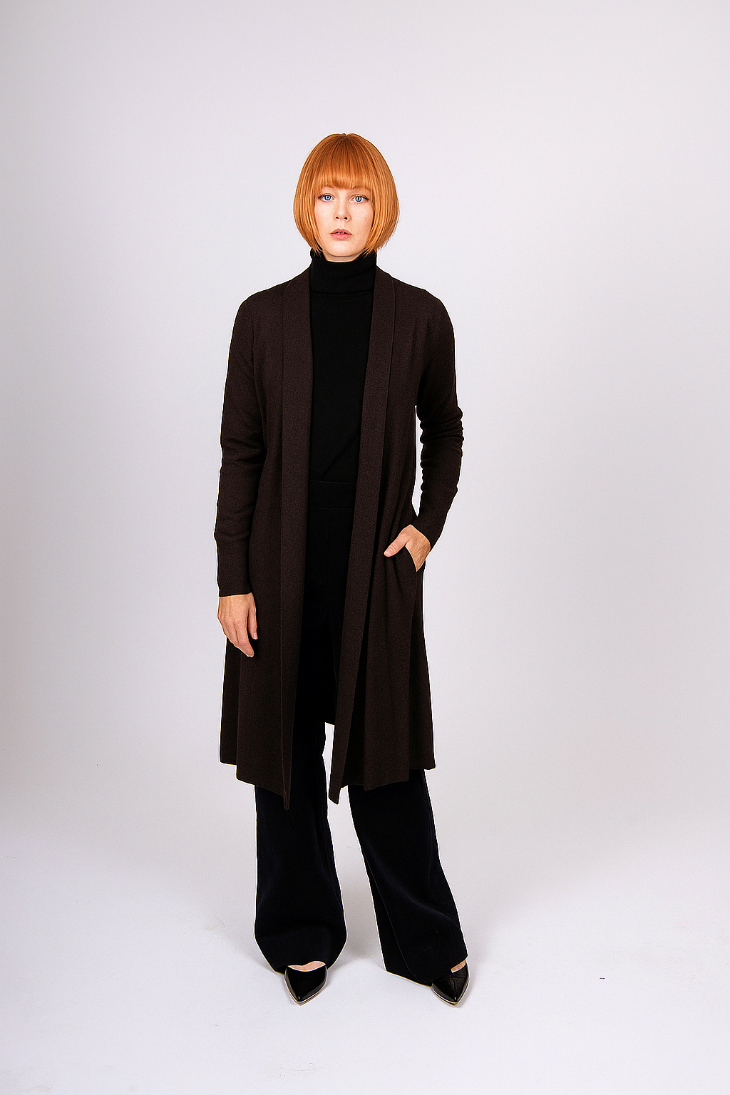 LONG LINE CABLE RIB TRIM CARDIGAN