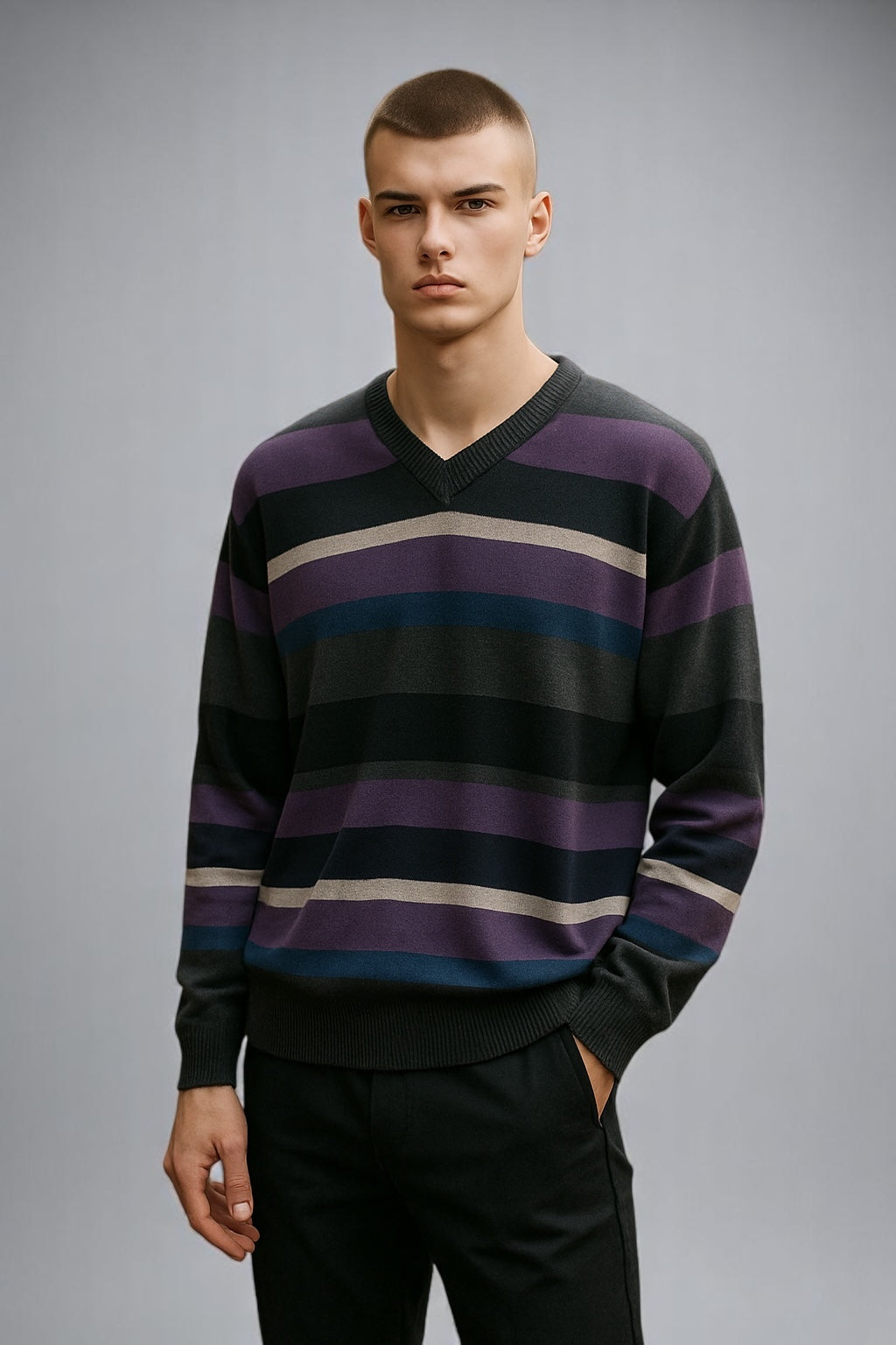 V neck pullover stripes available in M purple only