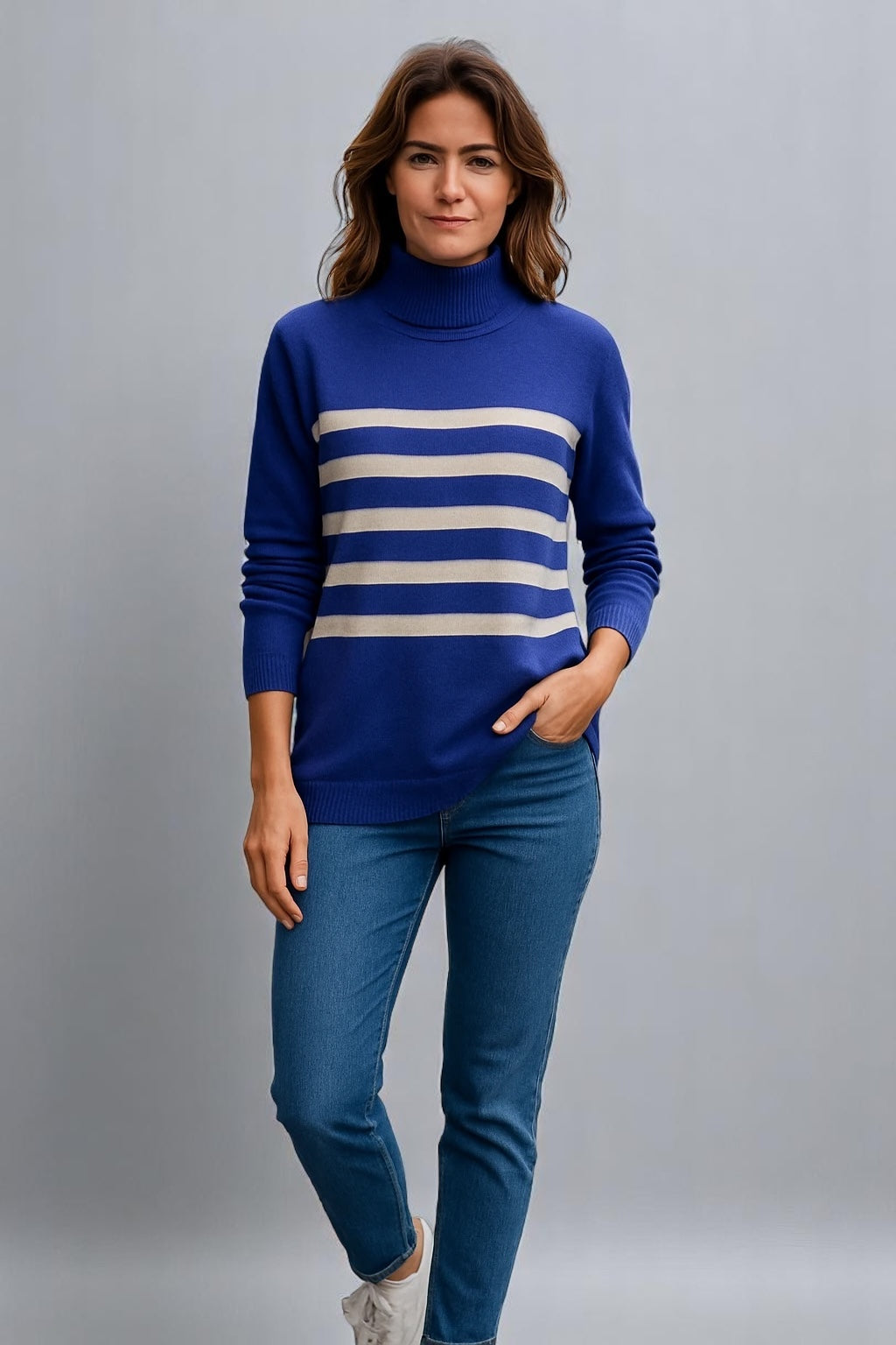 Roll Neck Sweater with Curved Hem and Striped Design