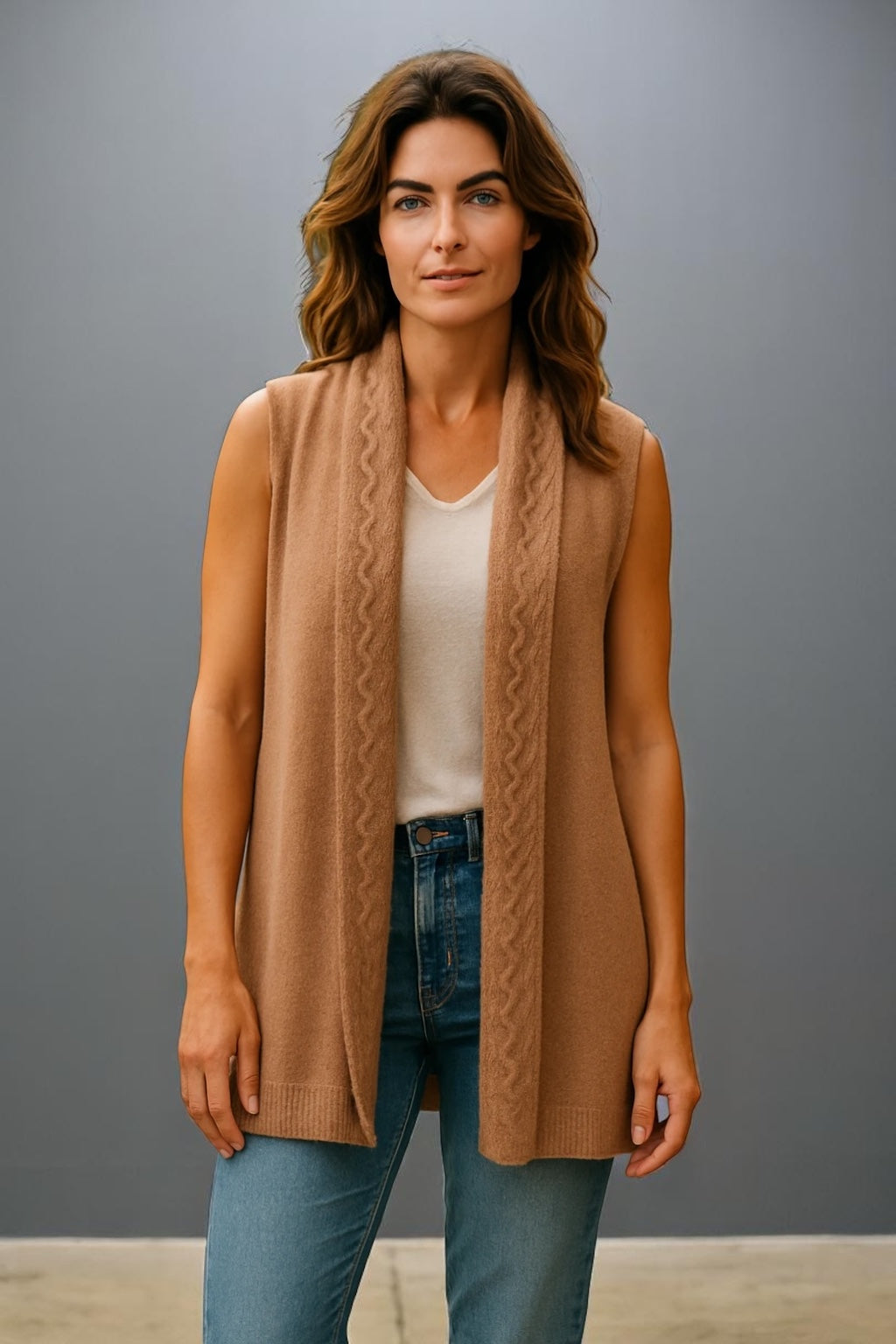 Ribbed Front Wool Blend Open Vest