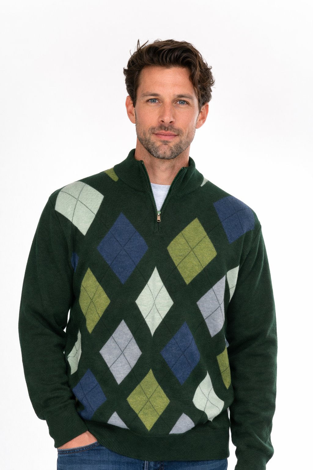 ARGYLE 1/4 ZIP PULLOVER CASHMERE MERINO SIZE L ONLY