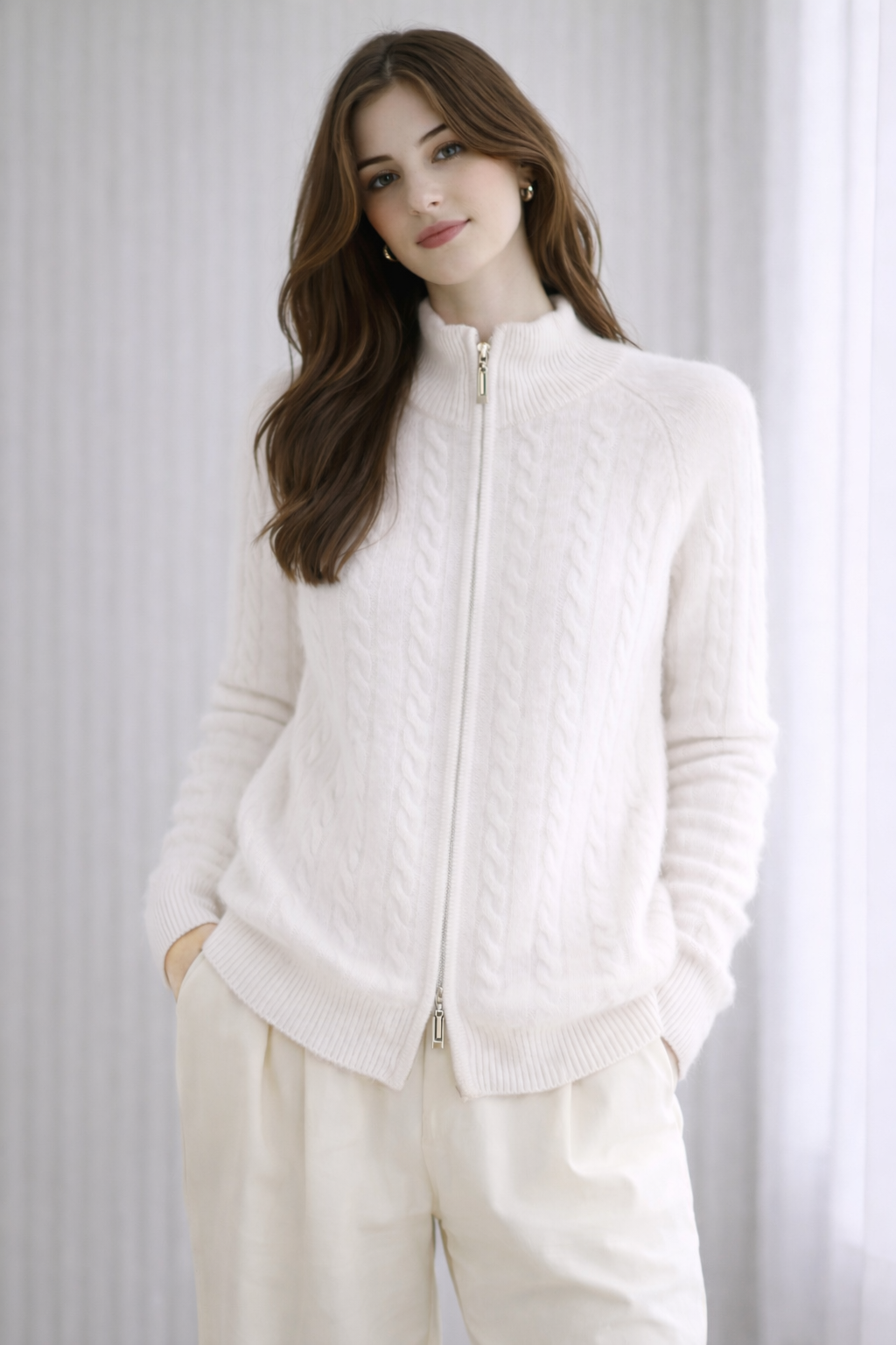 Two-Way Zip Up Cabled Cardigan