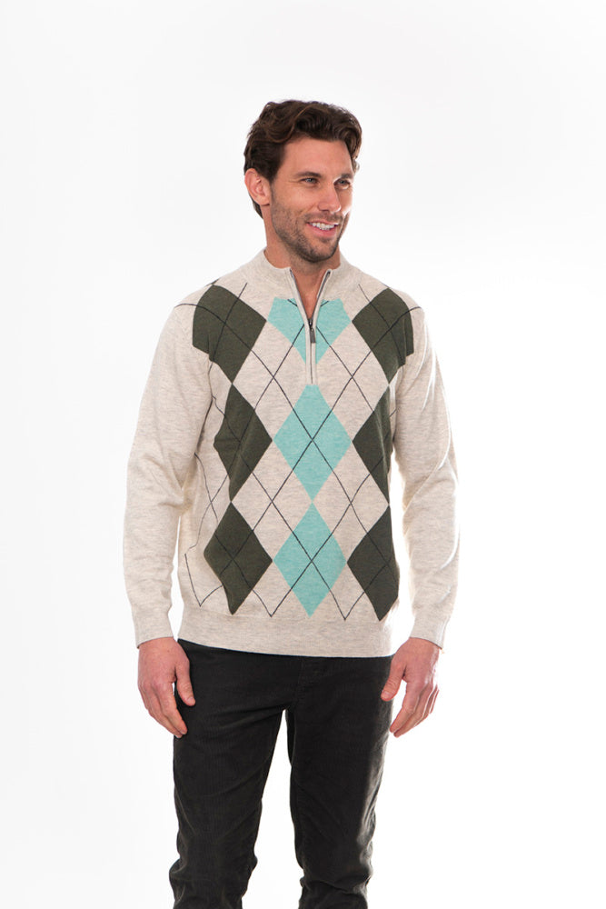 ARGYLE 1/4 ZIP PULLOVER CASHMERE MERINO SIZE L ONLY