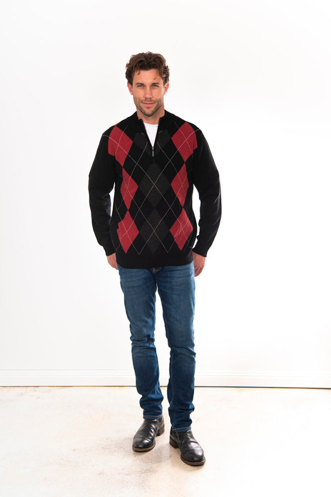ARGYLE 1/4 ZIP PULLOVER CASHMERE MERINO SIZE L ONLY