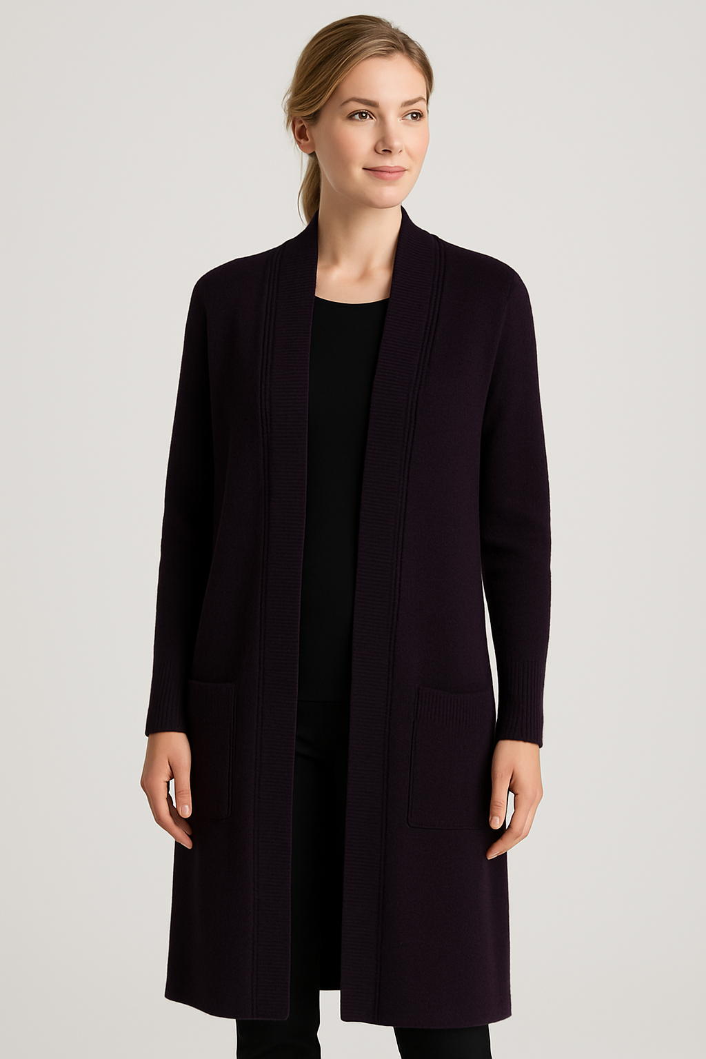 LONG LINE CABLE RIB TRIM CARDIGAN