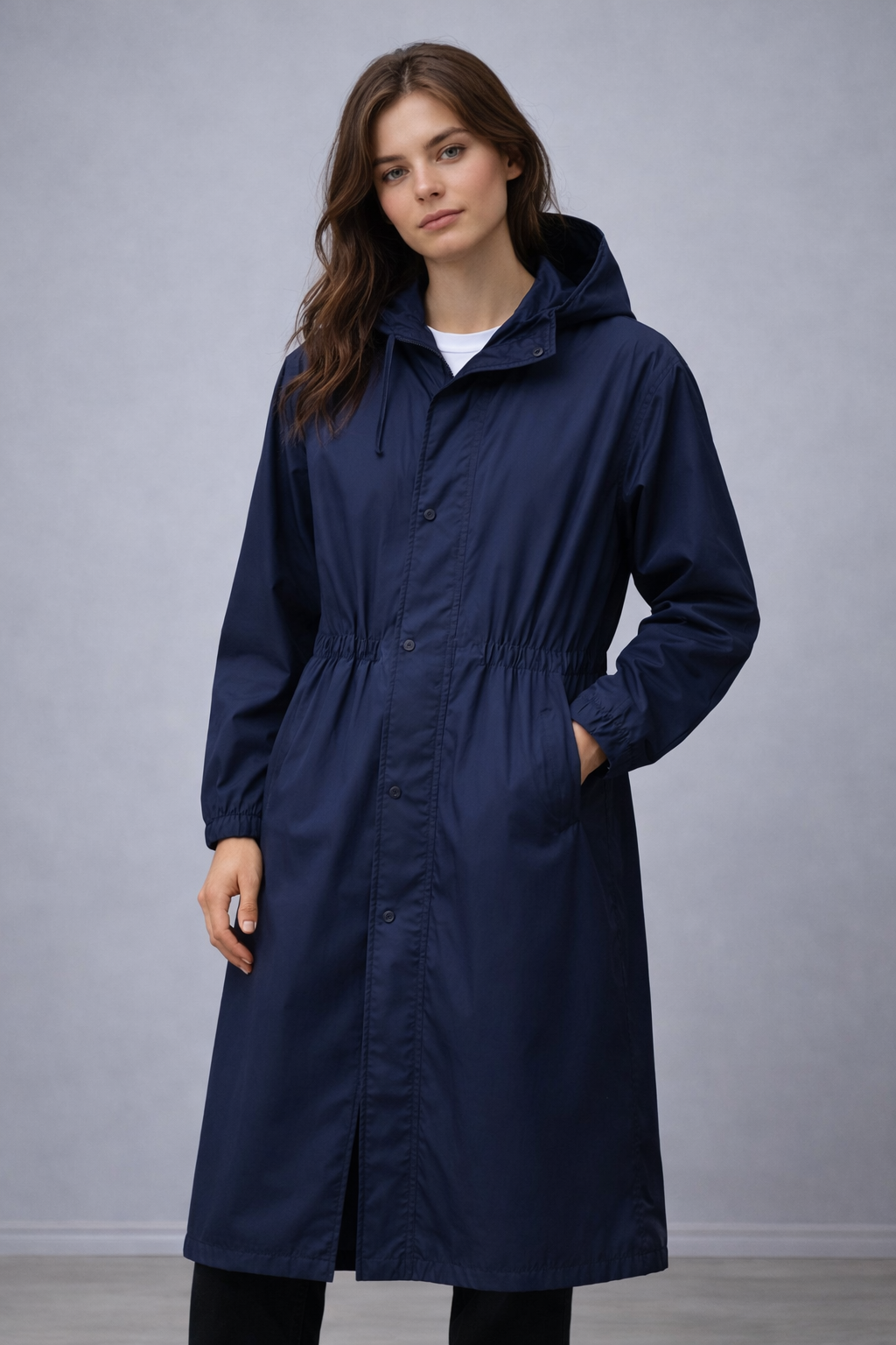 Long Rain coat with hood and pockets