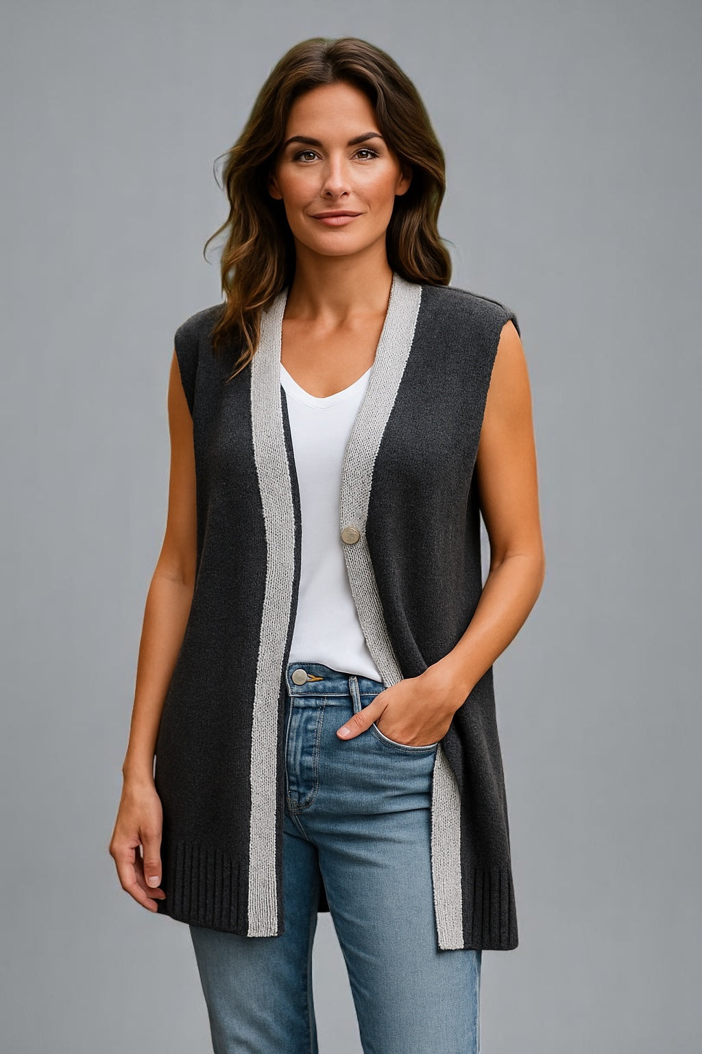 Fields V neck Long Vest With one Button