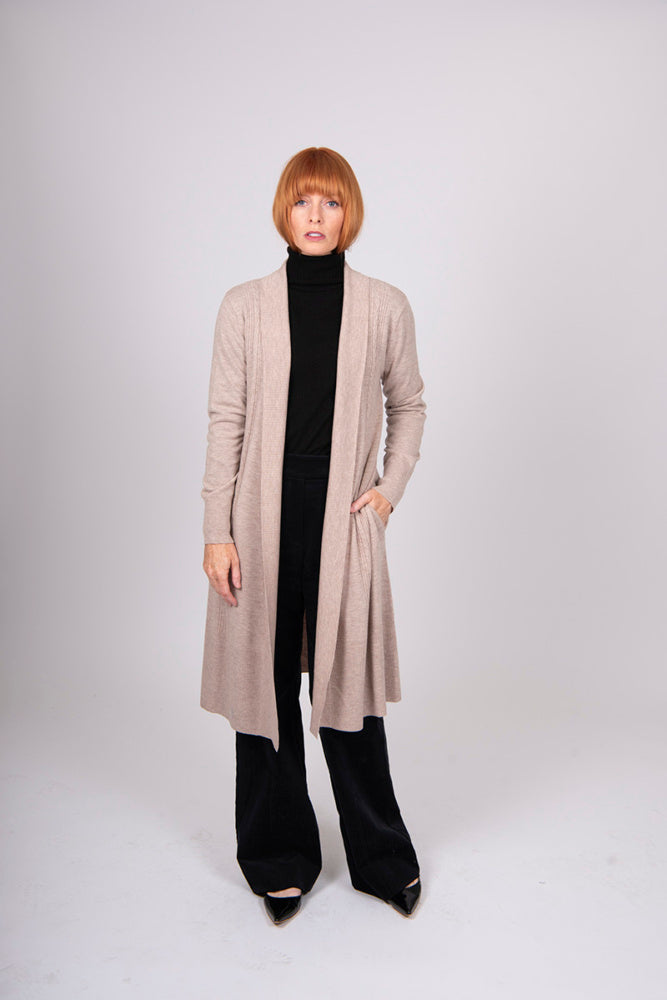 LONG LINE CABLE RIB TRIM CARDIGAN